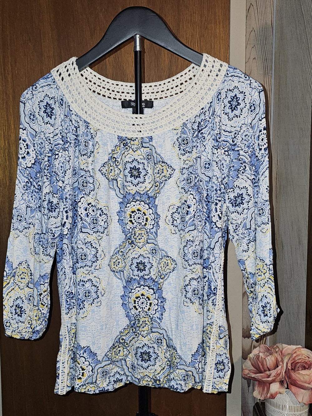 Style & Co. Blue and Cream Paisley Crochet-Neck Long Sleeve Petite Top